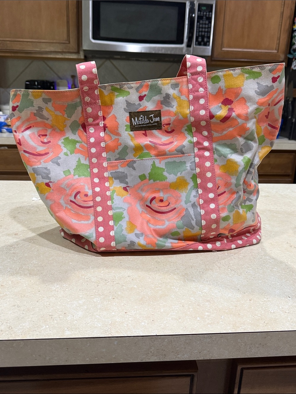 Matilda Jane Coral Pink Floral Canvas Tote with Polka Dot Straps